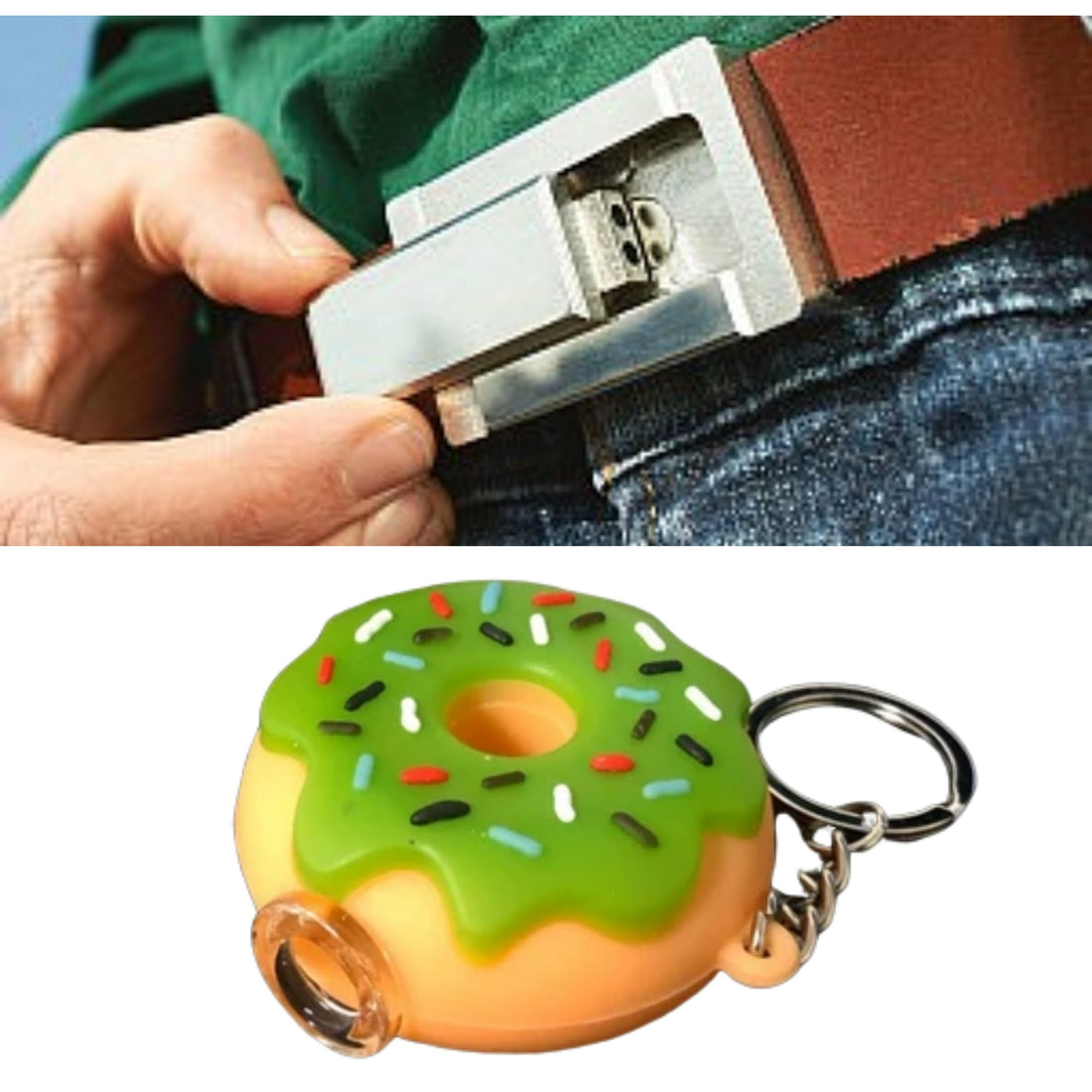 belt with incognito pipe and donut keychain pipe