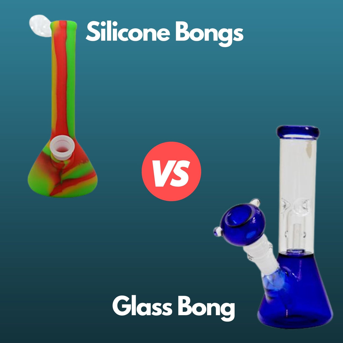 silicone red and green bong with a blue and clear glass bong 