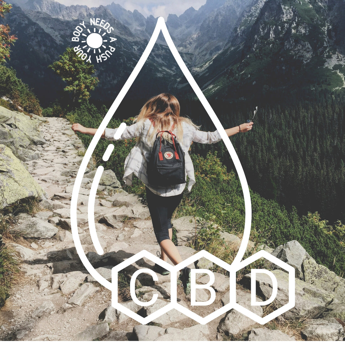 Girl hiking along mountain with cbd text overlay