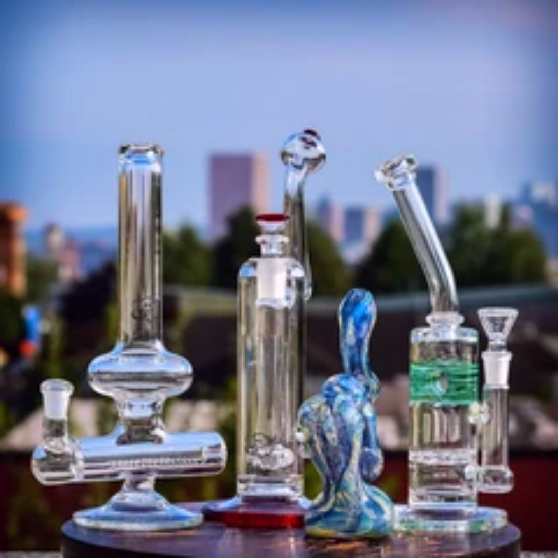 Different designed glass bubblers and bongs