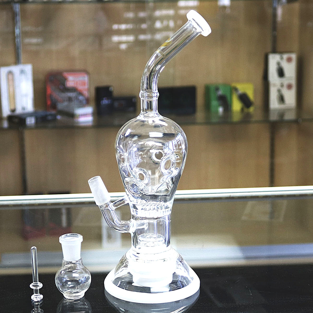 Glass dab rig with percolator close up view