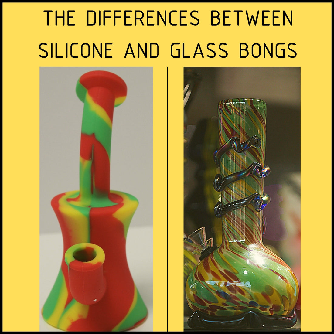 Silicone and Glass Bong Side by side under blog title text