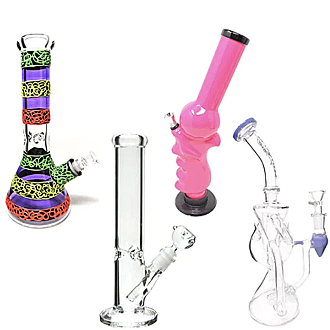 4 Glass and Silicone Bongs with white background