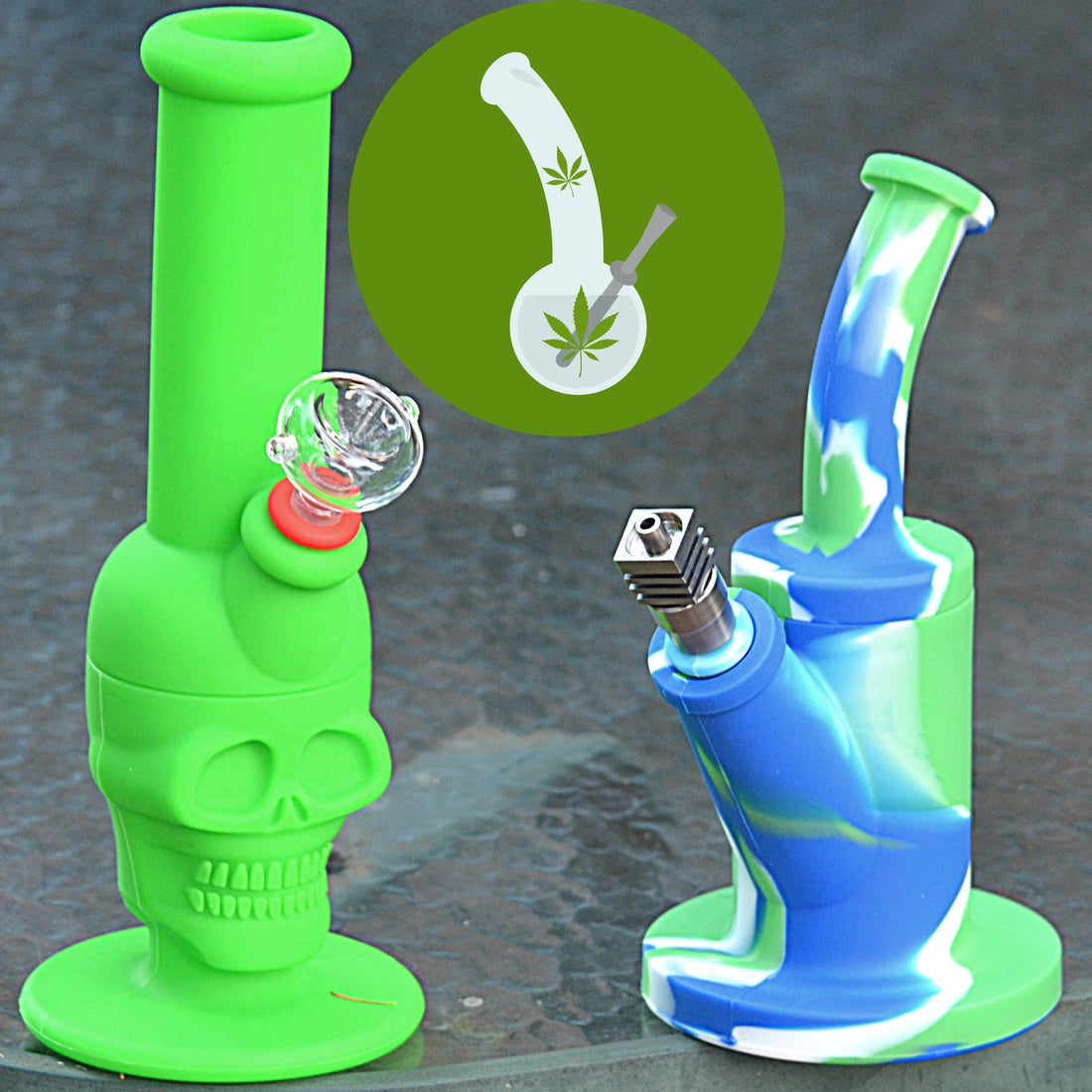 Green silicone skull bong and multi color silicone pipe