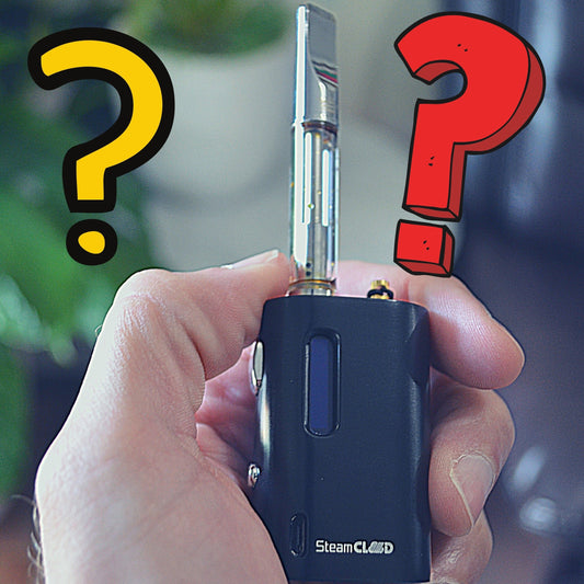 Hand Holding SteamCloud Vape with Question Mark Graphics