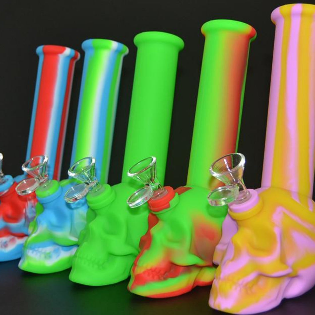 Various colors of Silicone Bongs shaped like skulls