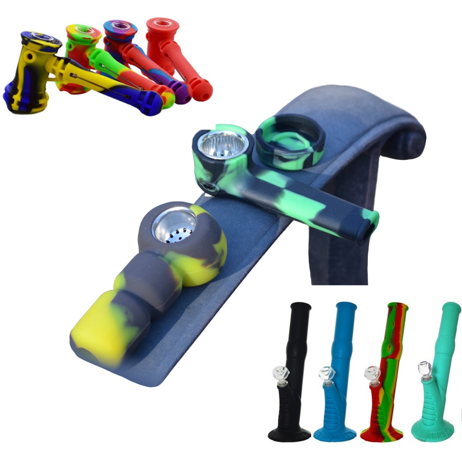 Assortment of colorful silicone pipes