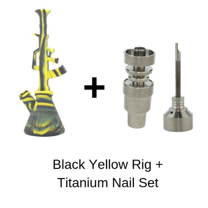 black yellow ak 47 dab rig with titanium nail and carb cap