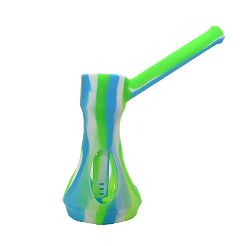 Blue Green White Silicone and Glass Long Stem Bubbler